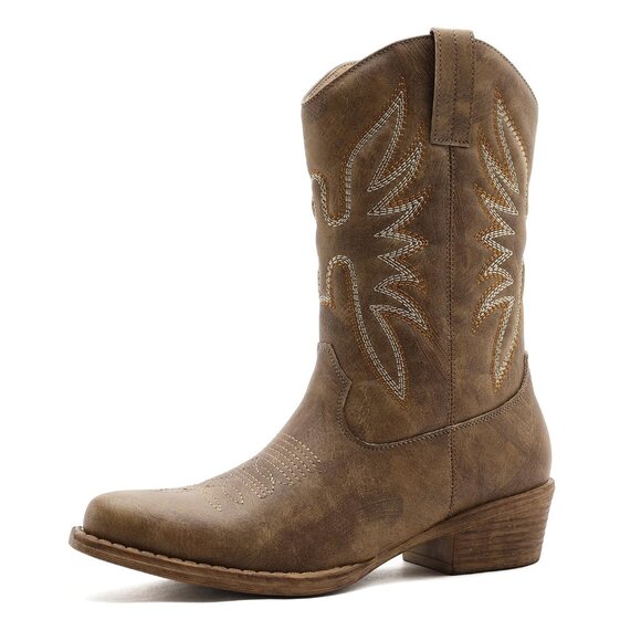 Shoes - Women's Western Cowgirl Boots Chunky Low Heel Square Toe Vegan Leather